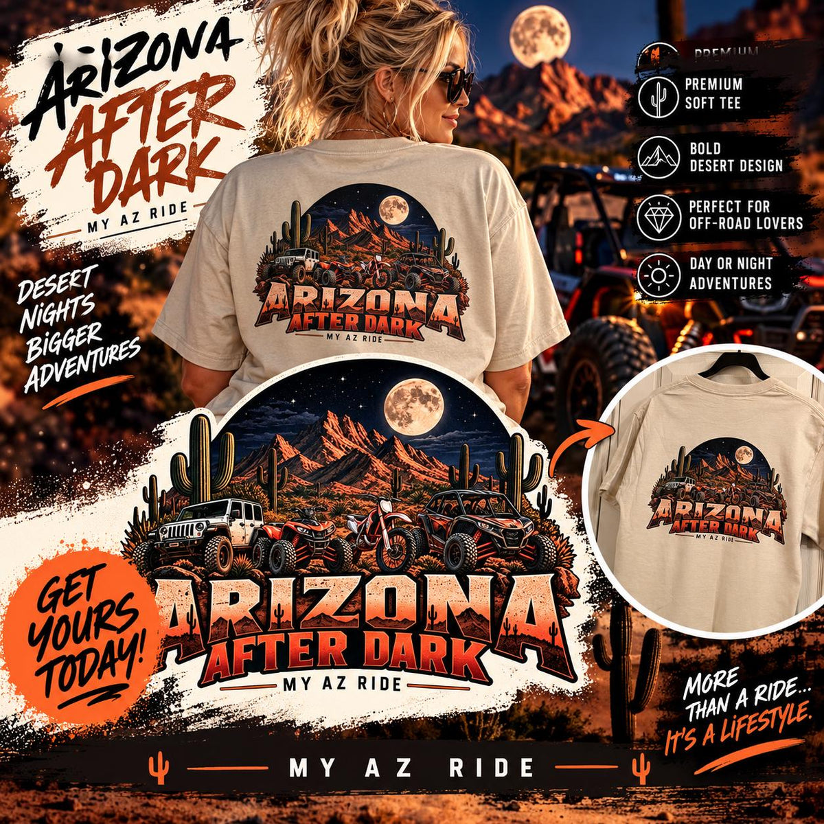 Arizona After Dark Off-Road Shirt, Desert Moonlight Jeep Tee (Gildan 5000)