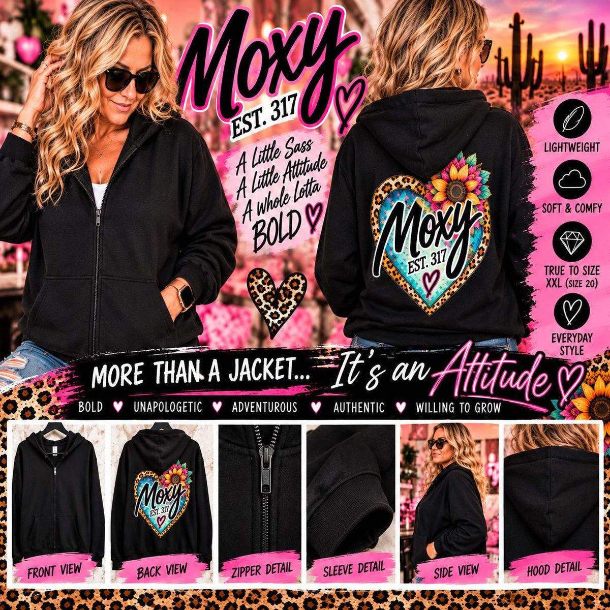 Women's Lightweight Hoodie | Leopard Heart Graphic | Bold Sassy Everyday Jacket | MOXY Girl 317